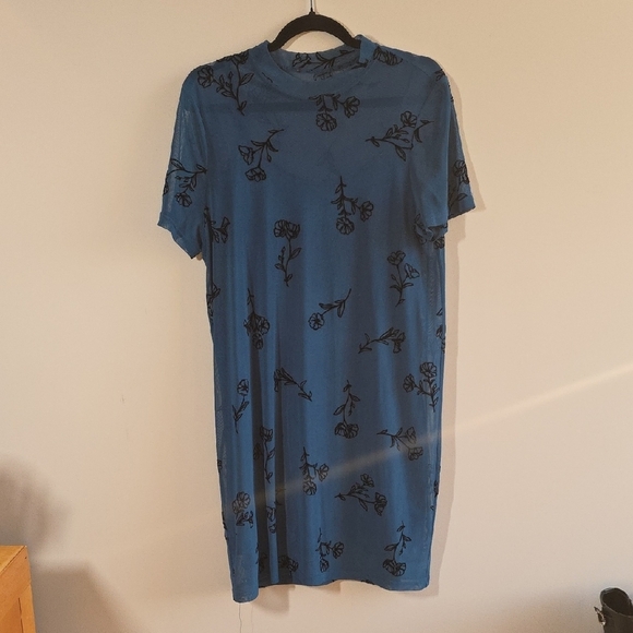 2/$20 Teal Short Sleeve Floral Dress - Semi Sheer Layer Over Strappy Dress - Picture 2 of 4